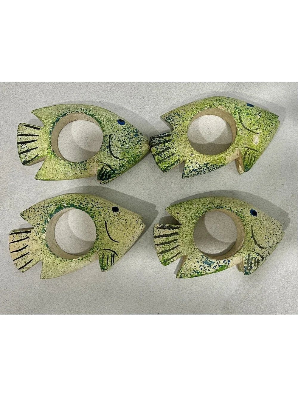 Fish Napkin Holders Rings Wooden, Tropical Fish Hand Painted Green - Set of 4